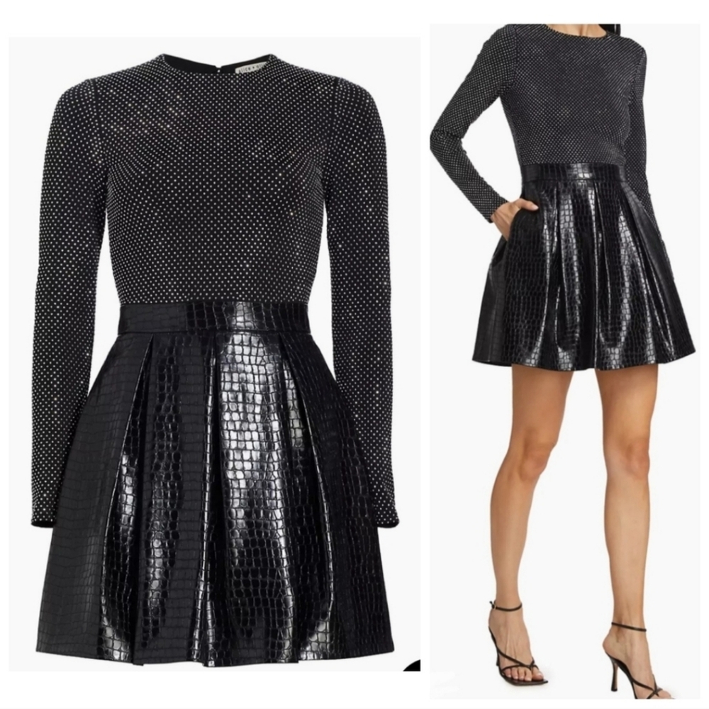 Alice + Olivia Chara Crocodile-Embossed Faux Leather Minidress in size 0